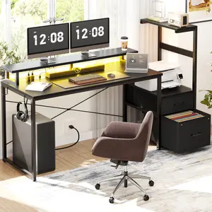 Cyclysio 60-in Ergonomic Office Corner Desk - Reversible Small Gaming Desk with Adjustable Monitor Mount, Fabric Drawers, RGB LED Strip & Power Outlets