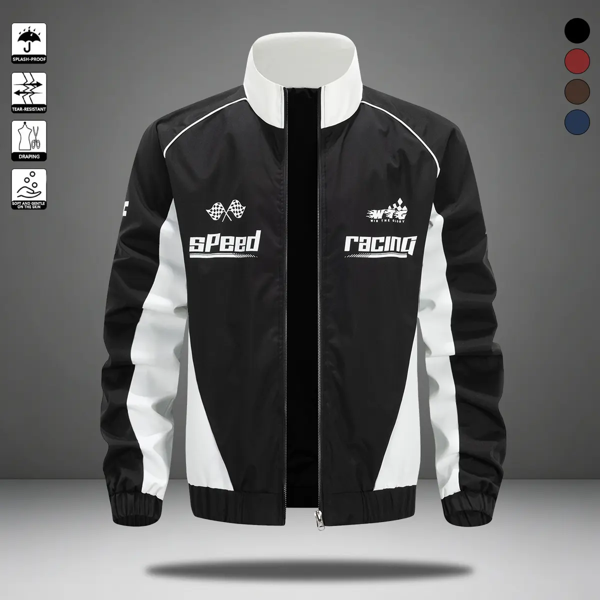 Men's American Street Retro Color-blocked Stand-collar Long Sleeve Coat - Menswear, Contrasting Layered Splicing, Zipper, Trendy Letters, Loose Fit, Casual Stylish Design for Daily Outings