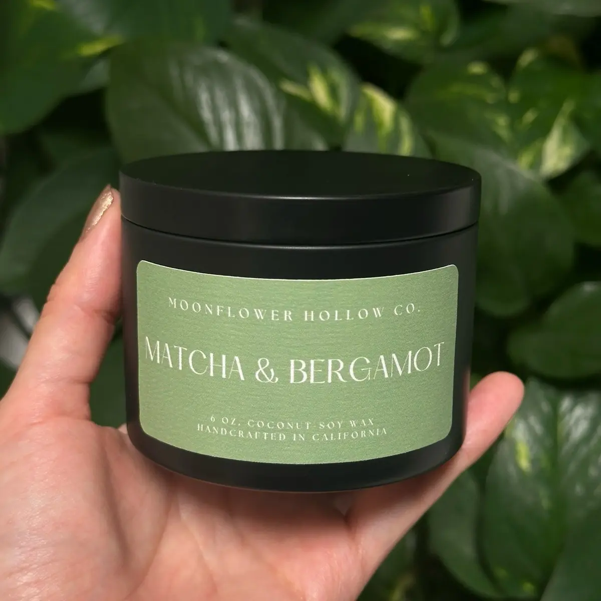 Matcha and Bergamot Candle, 6 oz. black tin with double cotton wicks and coconut-soy wax, home decor, gifts