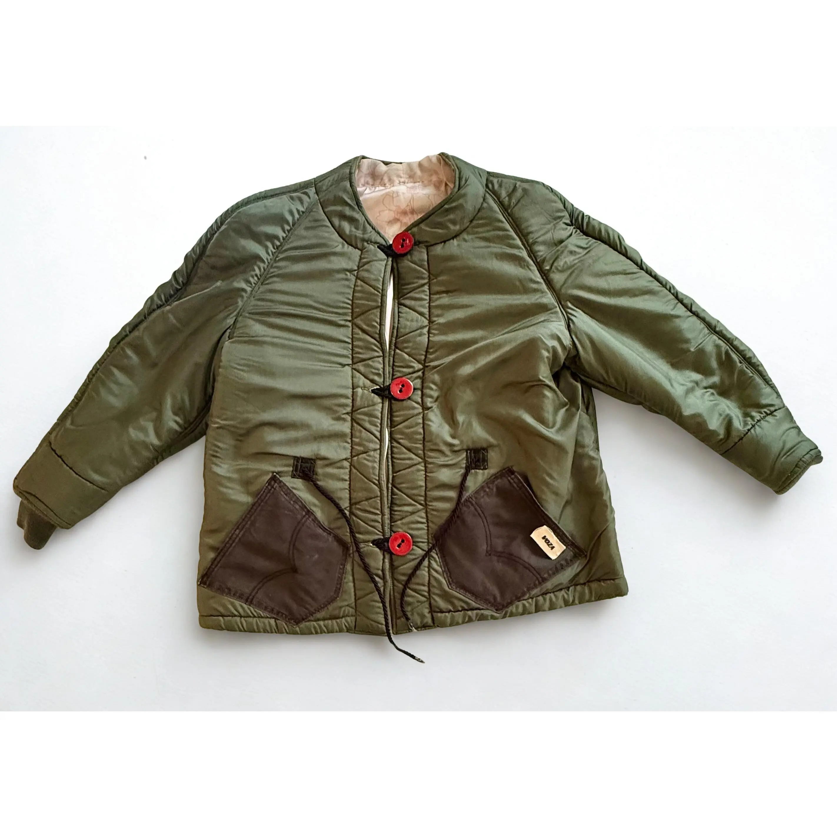 Voza Reworked Army Green Winter Jacket – Vintage Military Liner with Red Buttons & Satin Interior