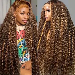 Highlight Ombre Lace Front Wig Human Hair Pre Plucked 13x6 HD Honey Blonde 4/27 Deep Wave Lace Frontal Wigs 200% Density Glueless Colored Wigs for Women Wet and Wavy Lace Front 28 Inch