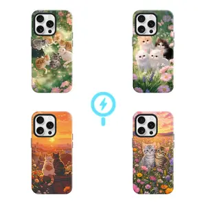 Cute Cat Print MagSafe Compatible Splicing Shockproof Phone 2-in-1 Hard PC + Soft Silicone Dual Layer Cover Elegant Retro Style Anti-Slip Anti-Yellowing Protective Case For iPhone