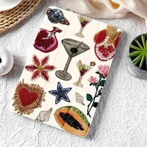 Retro-style wine glass beverage pattern, adjustable stand and pen holder, foldable non-slip TPU protective case, suitable for Samsung, iPad mini, iPad Air, iPad Pro/iPad 10th generation, 11th generation and other iPad models.