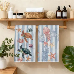 2pcs 23.6x15.7 In Of Watercolor-style Ocean-themed Kitchen Towels Featuring Marine Life Elements Such As Starfish Seashells Turtles And Jellyfish With A Blue And White Striped Pattern Suitable As Dishcloths Scouring Pads