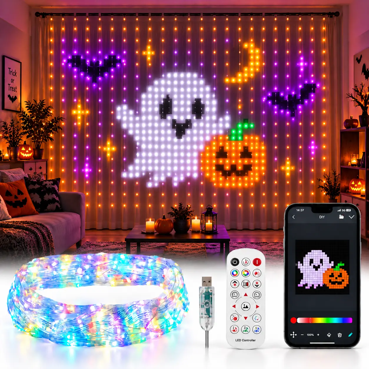 Smart RGB LED Curtain Lights - DIY Custom Pattern Display, App & Remote Controlled String Lights, Adjustable Brightness, Colorful Animated Lighting for Halloween, Christmas, Bedroom, Party & Home Decor