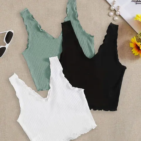 Women's Solid Color Ribbed V Neck Crop Tank Top Casual Comfy Cami, Cropped Sleeveless Camisole Top, Minimalist Casual Chic Sleeveless, Casual Basic Sleeveless Top for Summer, Ladies Clothes for Daily Wear