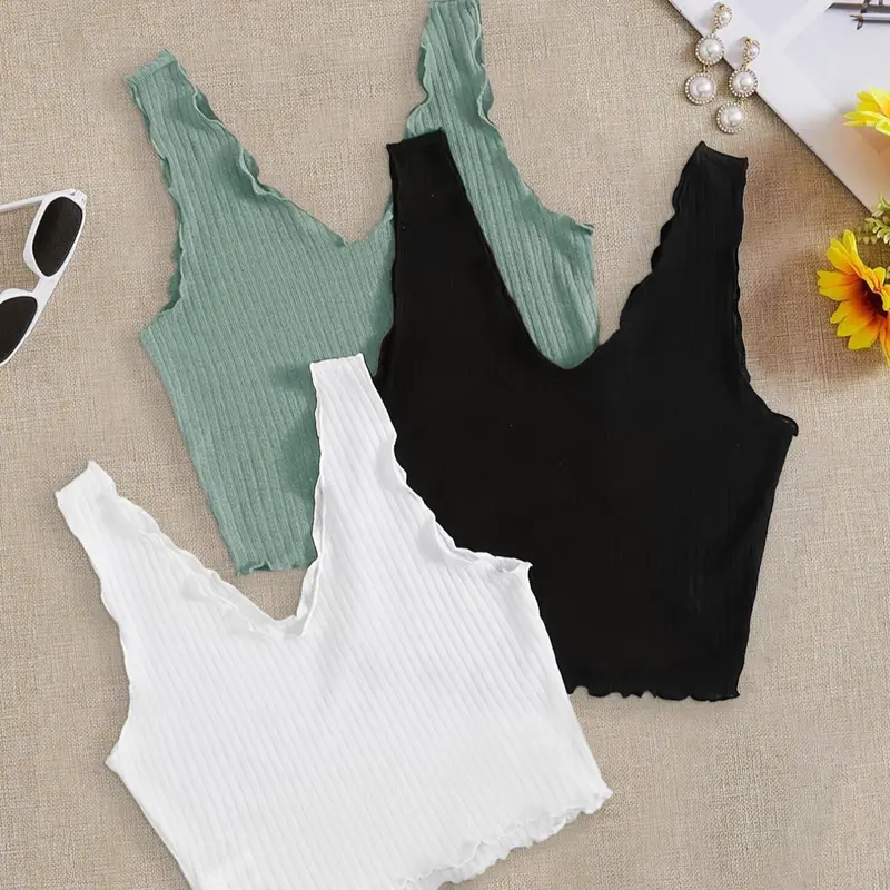 Women's Solid Color Ribbed V Neck Crop Tank Top Casual Comfy Cami, Cropped Sleeveless Camisole Top, Minimalist Casual Chic Sleeveless, Casual Basic Sleeveless Top for Summer, Ladies Clothes for Daily Wear