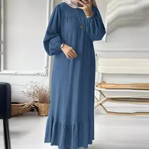 Muslim Women's Clothing Long Robe Spring Autumn New Fashion Puff Sleeve Vintage Pocket Ruffle Dress