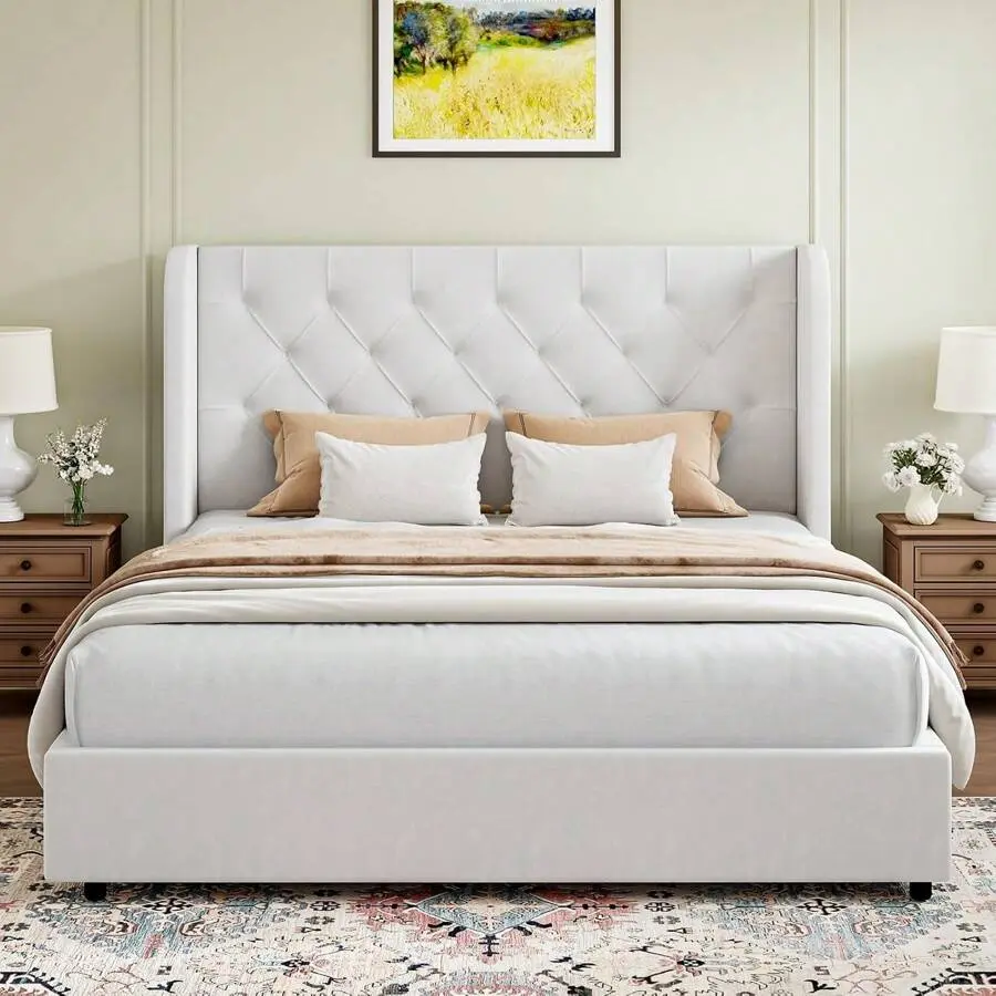 Queen Size    Wingback Headboard, Velvet Upholstered    Button Tufted Headboard, Anti-Collision Design, No Box Spring Needed, Full/ Queen/ King, Pink/ Grey/ White LED Cloud  Frame with, Platform  Frame, Household,wood, Cloud Bed Frames, Elegant Bed Frames