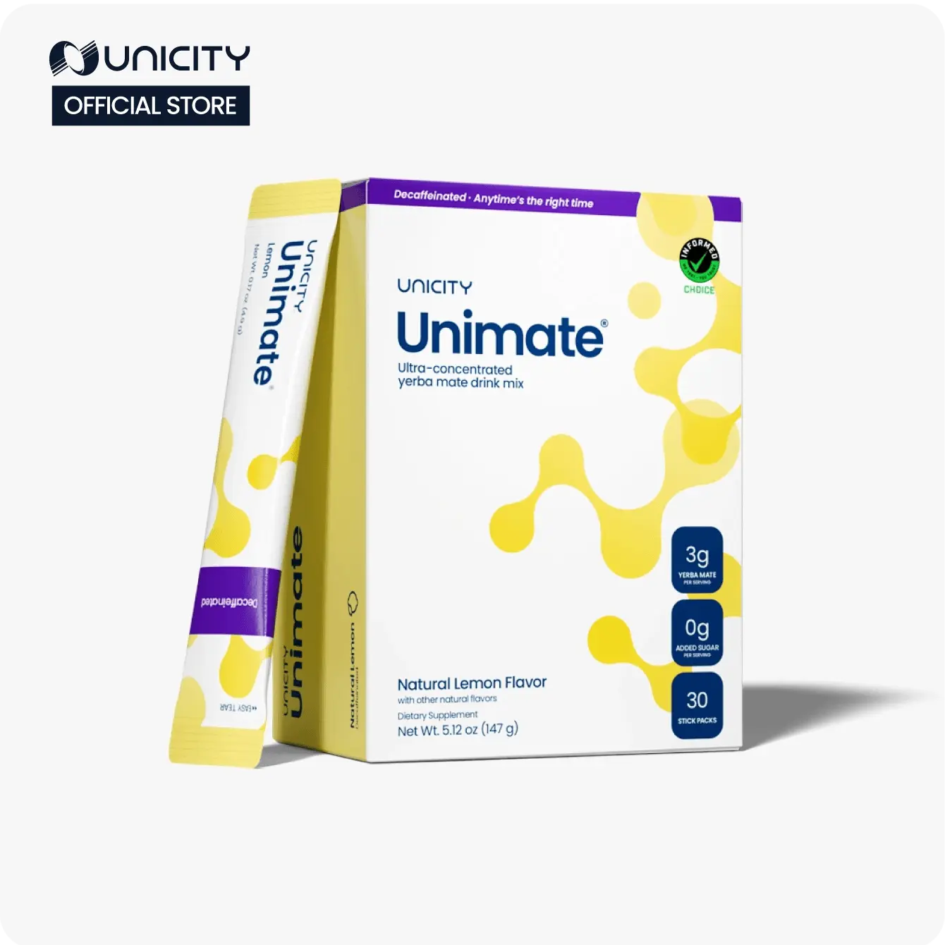 Unicity Unimate Yerba Mate Drink - Lemon DECAF - 1 box (30 stick packs)