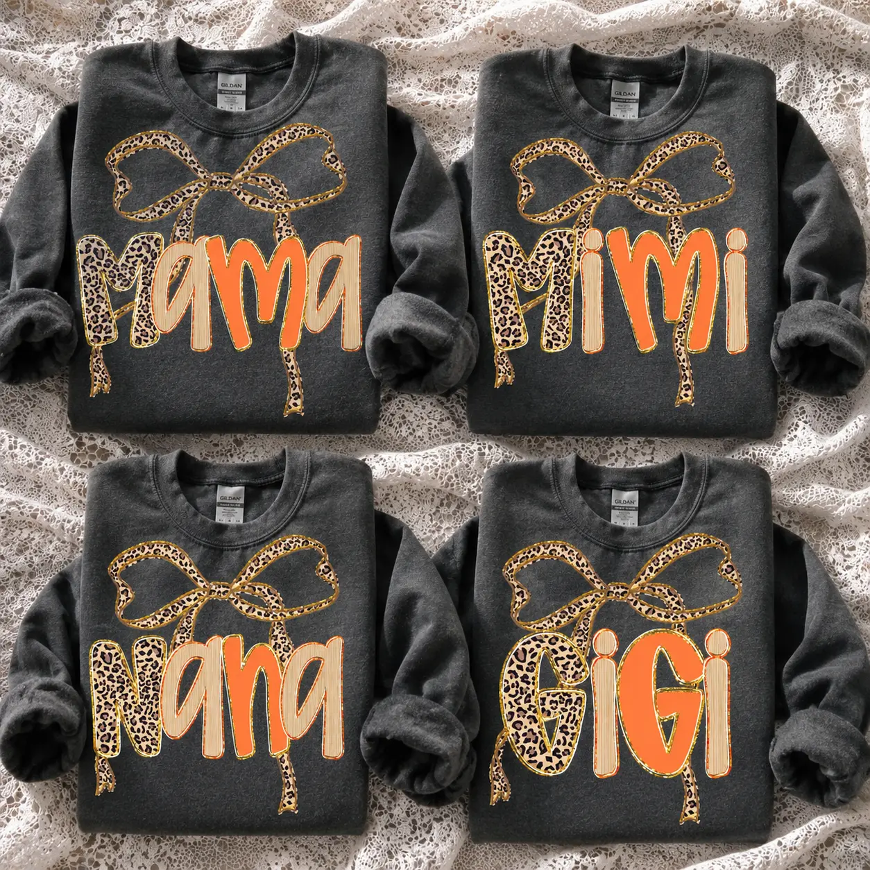Mama Mimi Nana Gigi Sweatshirt, Leopard Bow Family Crewneck, Coquette Charcoal Shirt, Cute Fall Gift for Women, Grandma Mom Personalized Sweatshirt, Trendy Animal Print Family Top -DPCLICK