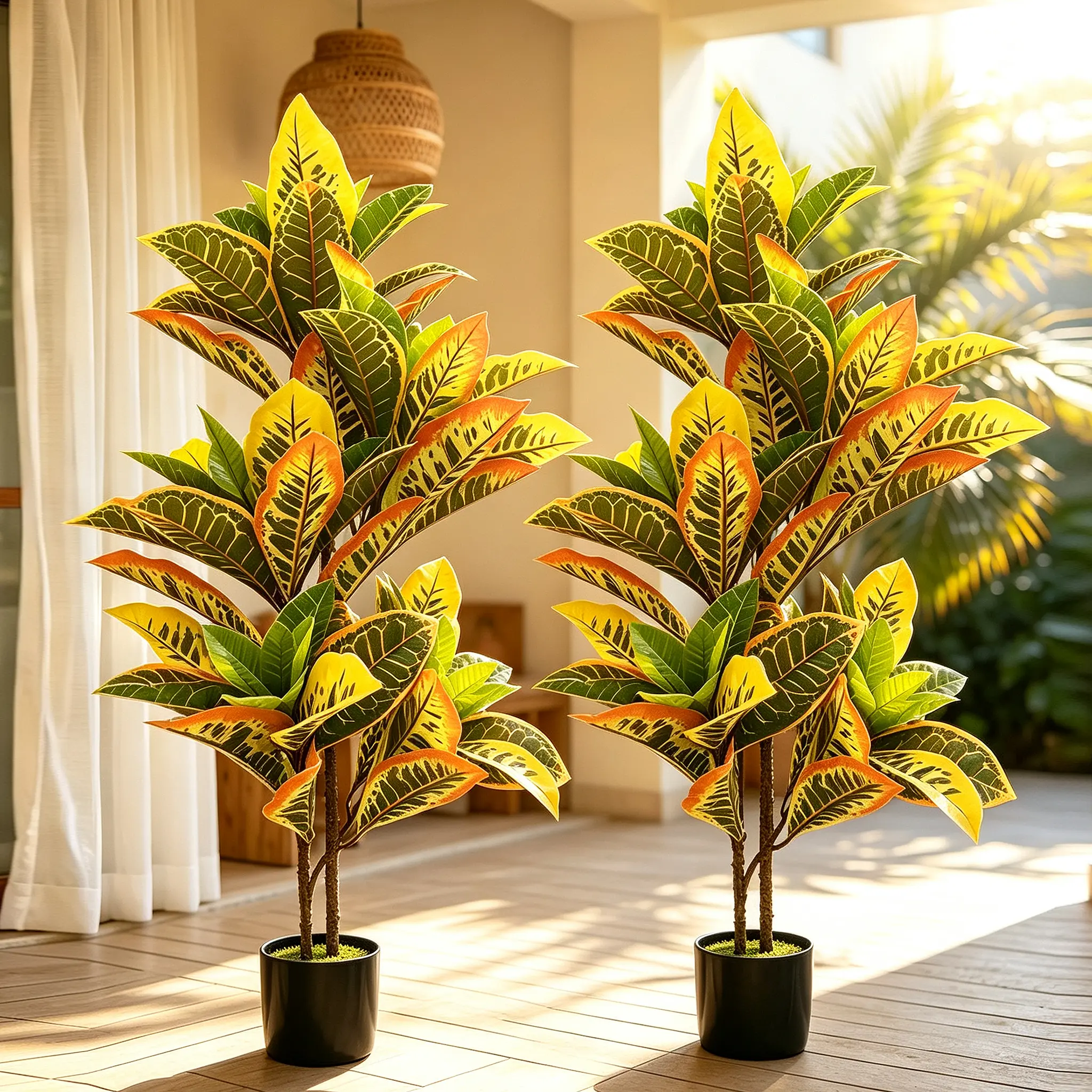 3FT Colorful Variegated Artificial Croton Palm Tree, UV Resistant Low Maintenance Potted Fake Tropical Plant, Indoor Outdoor Floor Decor for Living Room Office Patio Balcony Garden Porch