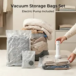 Travel clothing vacuum bags equipped with a rechargeable wireless air pump; available in packs of 6/9/15 compression packing bags suitable for suitcases—compression storage bags ideal for carry-on luggage; space-saving clothing organizer for suitcases.