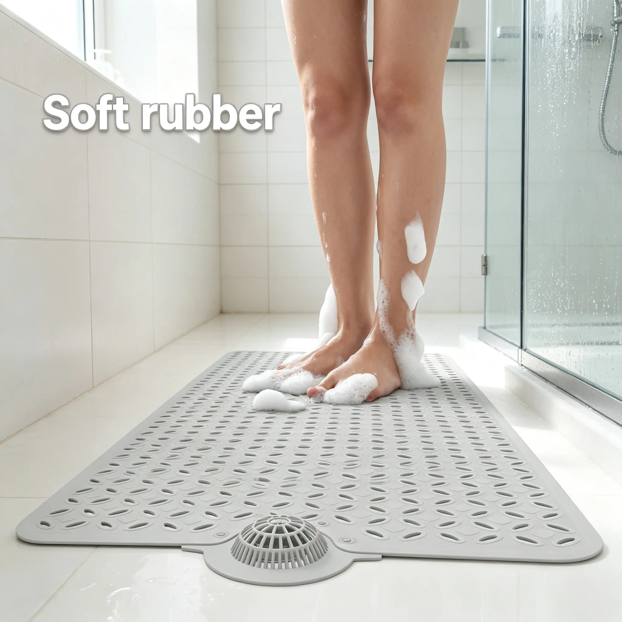 Non Slip Bathtub Mat 39" X 17", Extra Long Shower Mat with Hair Catcher & Big Drain Holes, Machine Washable Bath Mat for Inside Shower