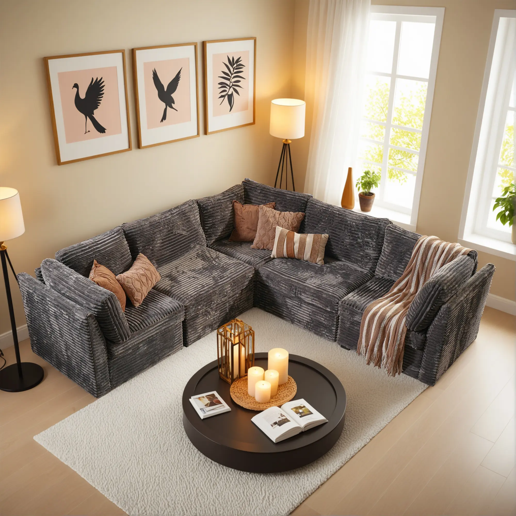 Cloud Sectional Couches for Living Room V-Shaped Oversized Corner Modular Sectional Sofa Set 5 Seats Corduroy Fabric Plush Design