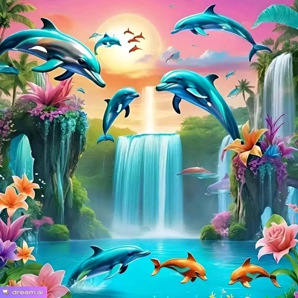 Magical Tropical Waterfall Jumping Dolphins 5D Full Drill Diamond Painting Kit Vibrant Ocean Paradise Sunset Landscape Art DIY Cross Stitch Mosaic Craft Stunning Home Wall Decor Handmade Gift for Dolphin & Nature Lovers