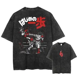 valentine shirts Hajime No Ippo Washed Tshirt Kamogawa Boxing Gym Crew Neckline Short Sleeve Anime Clothing Premium Quality Loose Fit Black Tee for All Seasons Cotton Menswear Classic Prints Graphic Vintage Phantom