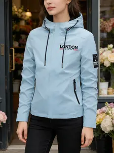 Women's Hooded Windbreaker Jacket Two Color Options London England Letter Print Stylish Eye Catching Loose Slimming Fit British Street Style Versatile Daily Wear Comfortable Lightweight Breathable Machine Washable Cool Fashion Outerwear