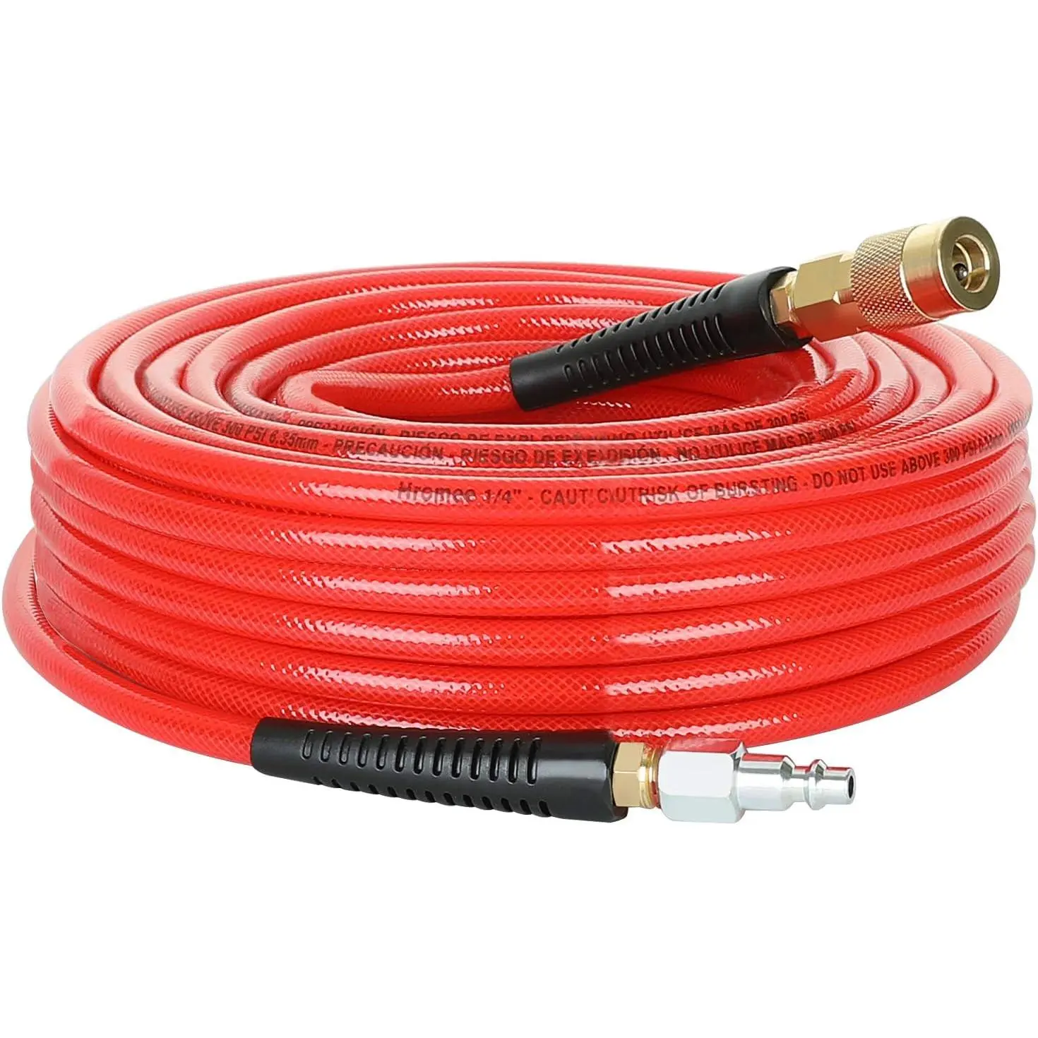 Lightweight Synthetic 1/4” x 50’ Polyurethane Air Hose with Bend Restrictors, Inner Diameter Spec, 1/4” MNPT Brass Ends, Industrial Quick Coupler & Plug Kit, Red (for Roofing Home Improvement)