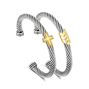 MYTYS Cuff Bracelet for Women Two Tone Knots Twisted Bangle Jewelry Set Fashion Modern Jewellery Trendy Fashionable Accessories with Gold Cross Charm