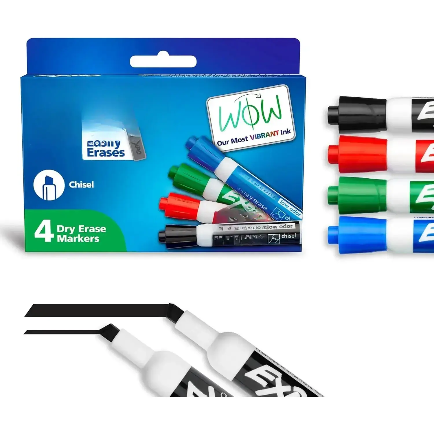 Dry Erase Markers, Low Odor Ink, Assorted Colors, Chisel Tip, 4 Count - Whiteboard, Calendar, Organization, Essential Supplies for Office, School, Classroom, Teachers, 4 Pack, 4 Dry Erase Markers