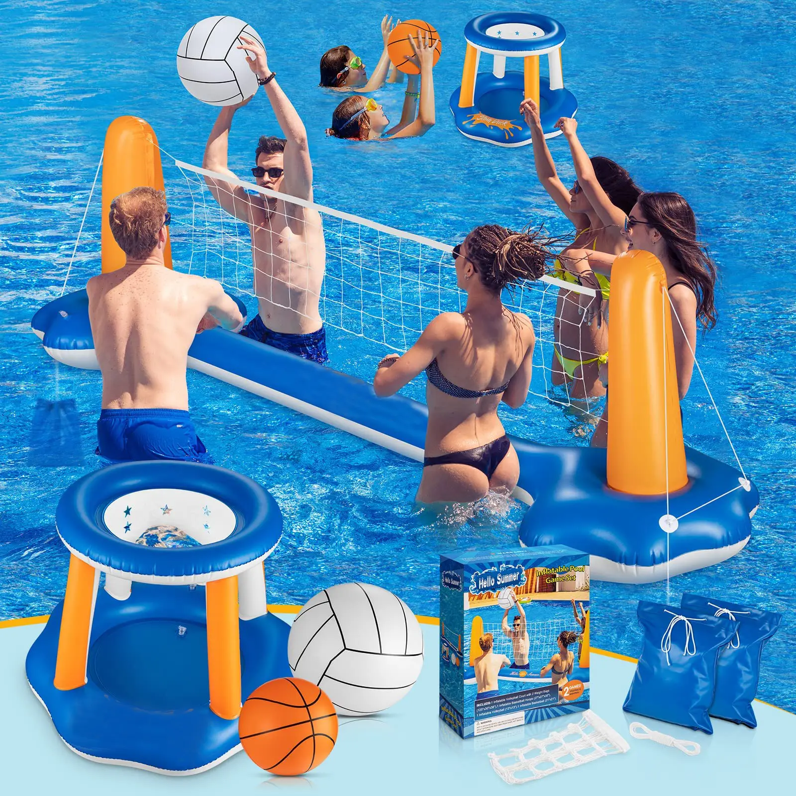 Adult Inflatable Volleyball & Basketball Stand - Pool Water Sports Supplies for Summer Swimming Pool Entertainment Parties, No Assembly Needed