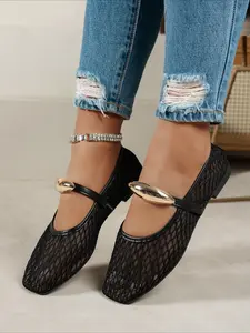 Women's Retro Square Toe Mesh Flat Shoes, Casual Flats, Summer Breathable Ankle Strap Loafers, Versatile Soft Sole Commute Shoes, Commuter Shoes, Walking Shoes