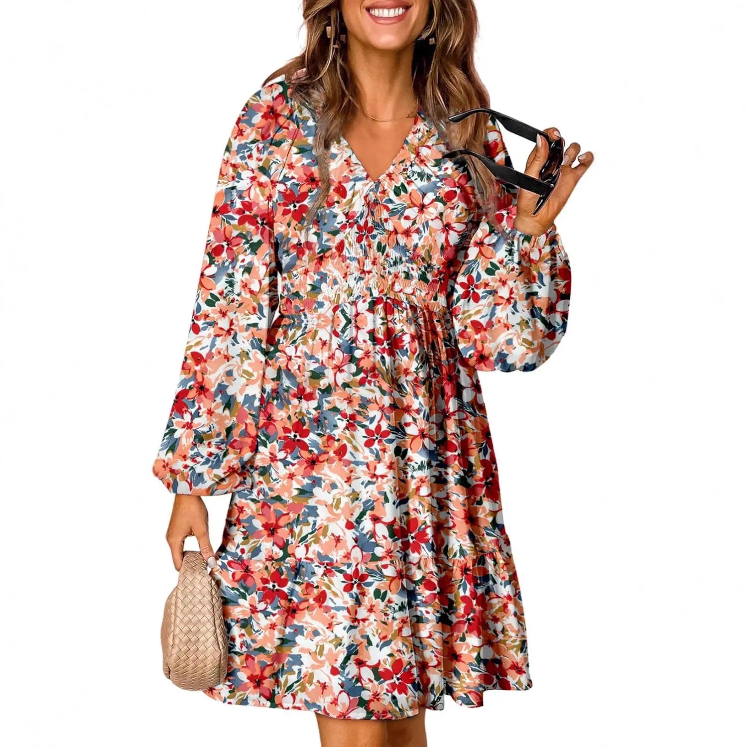 Women's Autumn Dress 2025 Bohemian V-Neck Long Sleeve Ruched Elastic Waist