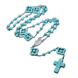 Blue Turquoise Beads Cross Rosary Necklace, Christian Religious Women's Jewelry with Distinctive Shape Long Crucifix & Necklace Pendant, Ideal Gift for Graduations