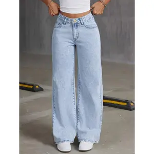 Classic High-Waisted Wide Leg Jeans - Women Jeans, Cotton Blend, Polyester, Viscose, Machine Washable, No Stretch, Solid Color, Four Seasons, Zipper Closure, Casual Outwear