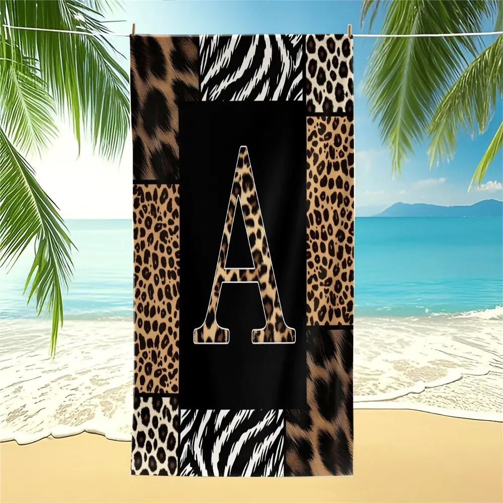 Animal Print Monogram Beach Towel, Leopard Zebra Tiger Initial Microfiber Quick Dry Towels Sand Free Towel, Gift for Animal Lovers