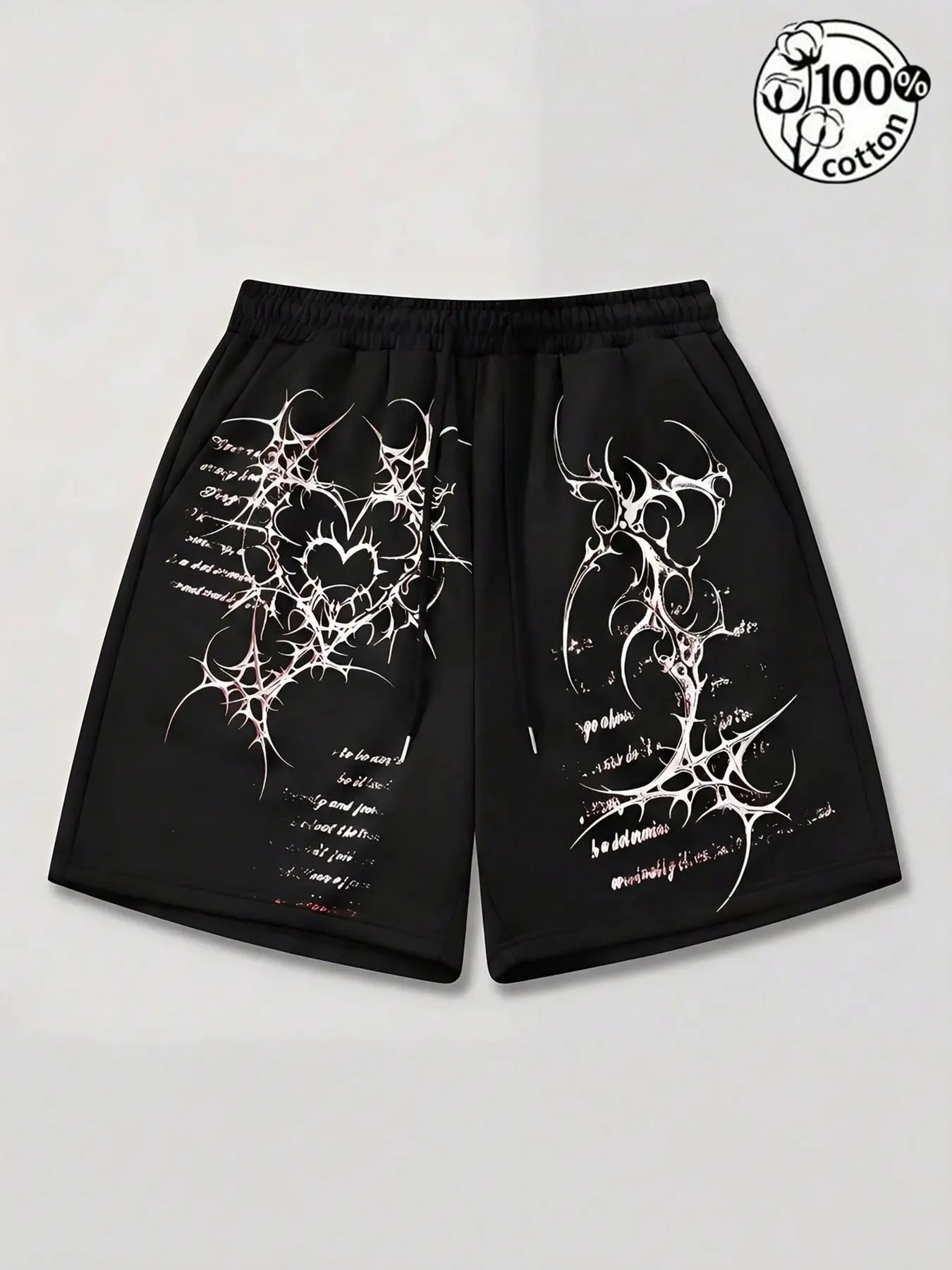 Unisex 100% Cotton Black Drawstring Shorts | Thorn Heart Graphic Print Dark Alt Y2K Gothic Aesthetic Streetwear Casual Pants