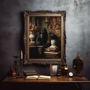 Victorian Gothic Wall Art – Witchy Desk Decor, Moody Library Print with Black Cat & Raven, Dark Academia Occult Poster, Cat Lover Gift, Room Decor, Unframed