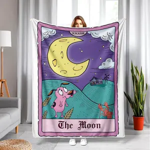 Courage The Cowardly Dog The Moon Tarot Card Flannel Blanket Whimsical Tarot-style Design Featuring Courage Under A Glowing Crescent Moon Blending Retro Cartoon Charm with Mystical Vibes Perfect for Fans and Cozy Spooky Nights Warm Haven Textiles