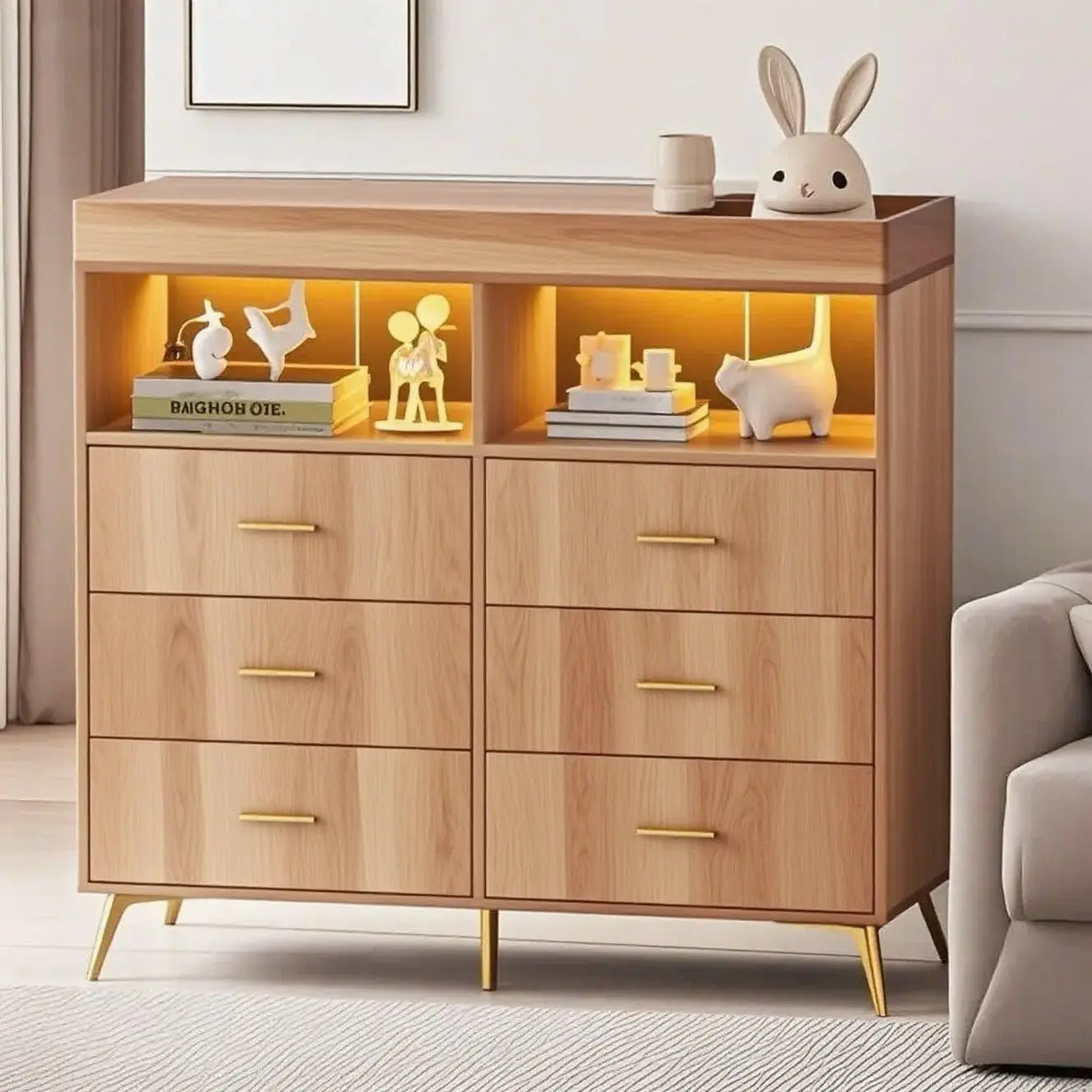 GARVEE Multifunctional Baby Changing Table - 6-Drawer Dresser Cabinet, Modern Storage Solution with LED Lights, Charging Station, Power Outlet, Black/Blue Bedroom Furniture, Six Drawers