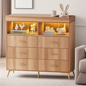 GARVEE Multifunctional Baby Changing Table - 6-Drawer Dresser Cabinet, Modern Storage Solution with LED Lights, Charging Station, Power Outlet, Black/Blue Bedroom Furniture, Six Drawers