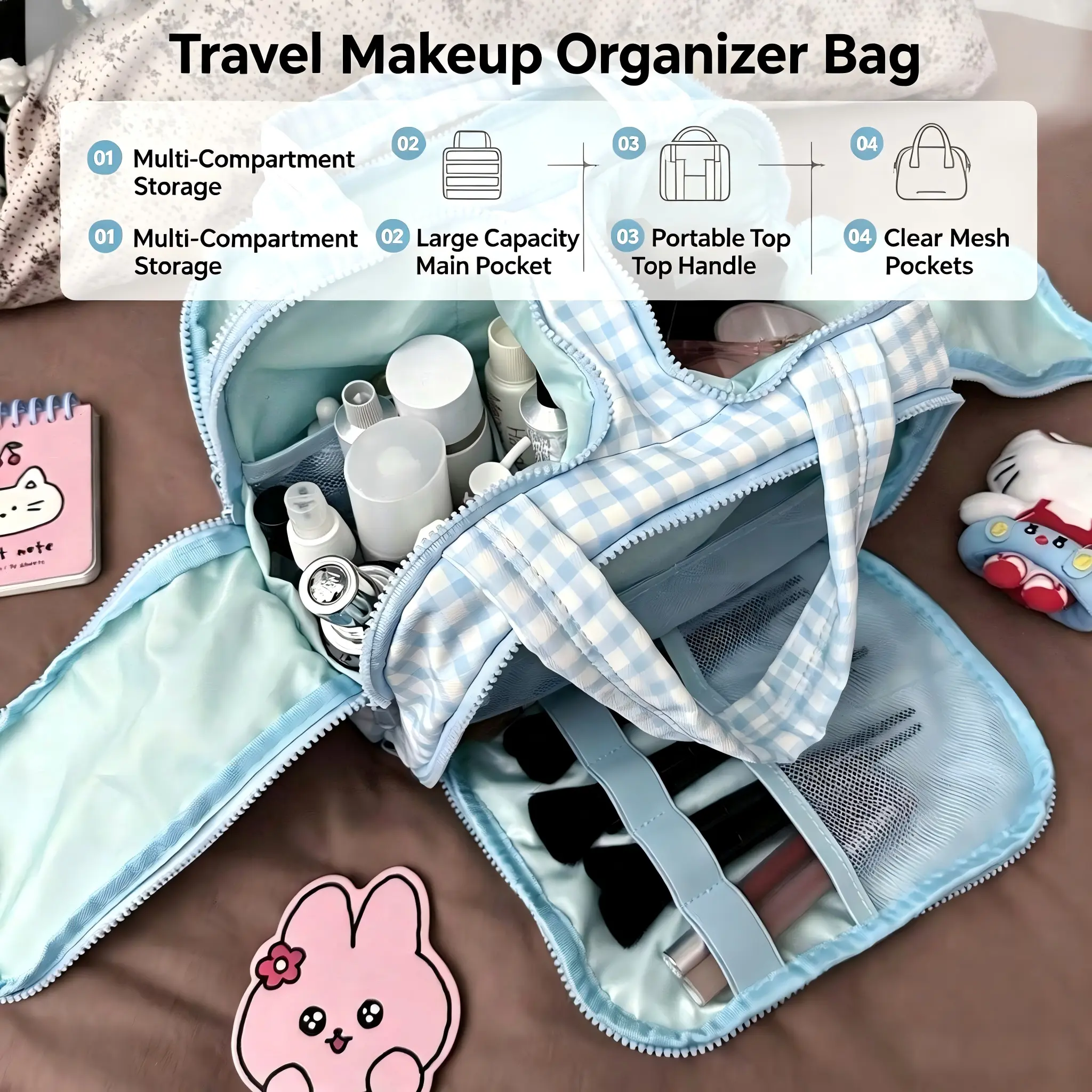 Women's Lightweight Makeup Bag for Travel Toiletries - Water-Resistant Portable Vanity with 4 Compartments & Brush Holder for Makeup Organization, Cosmetic, Colorblock, Daily Commute, Handle, Elastic Drawstring Brush Holder, Makeup Organizer Pouch, Vanity