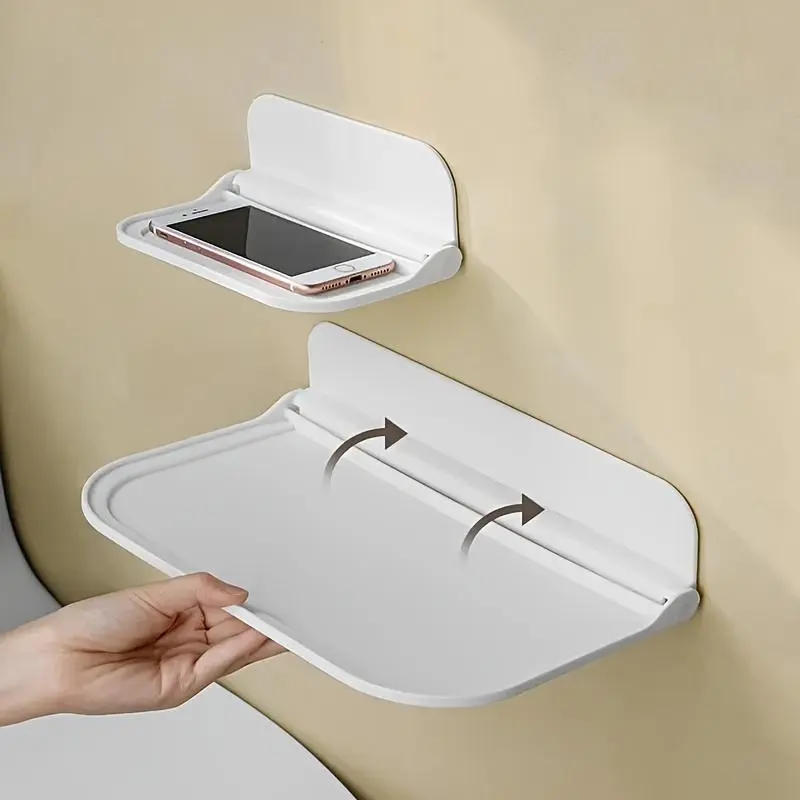Foldable Wall-Mounted Shelf, No Drilling, Strong Adhesive, Space-Saving Design, Waterproof Plastic, Ideal for Bathroom and Bedroom
