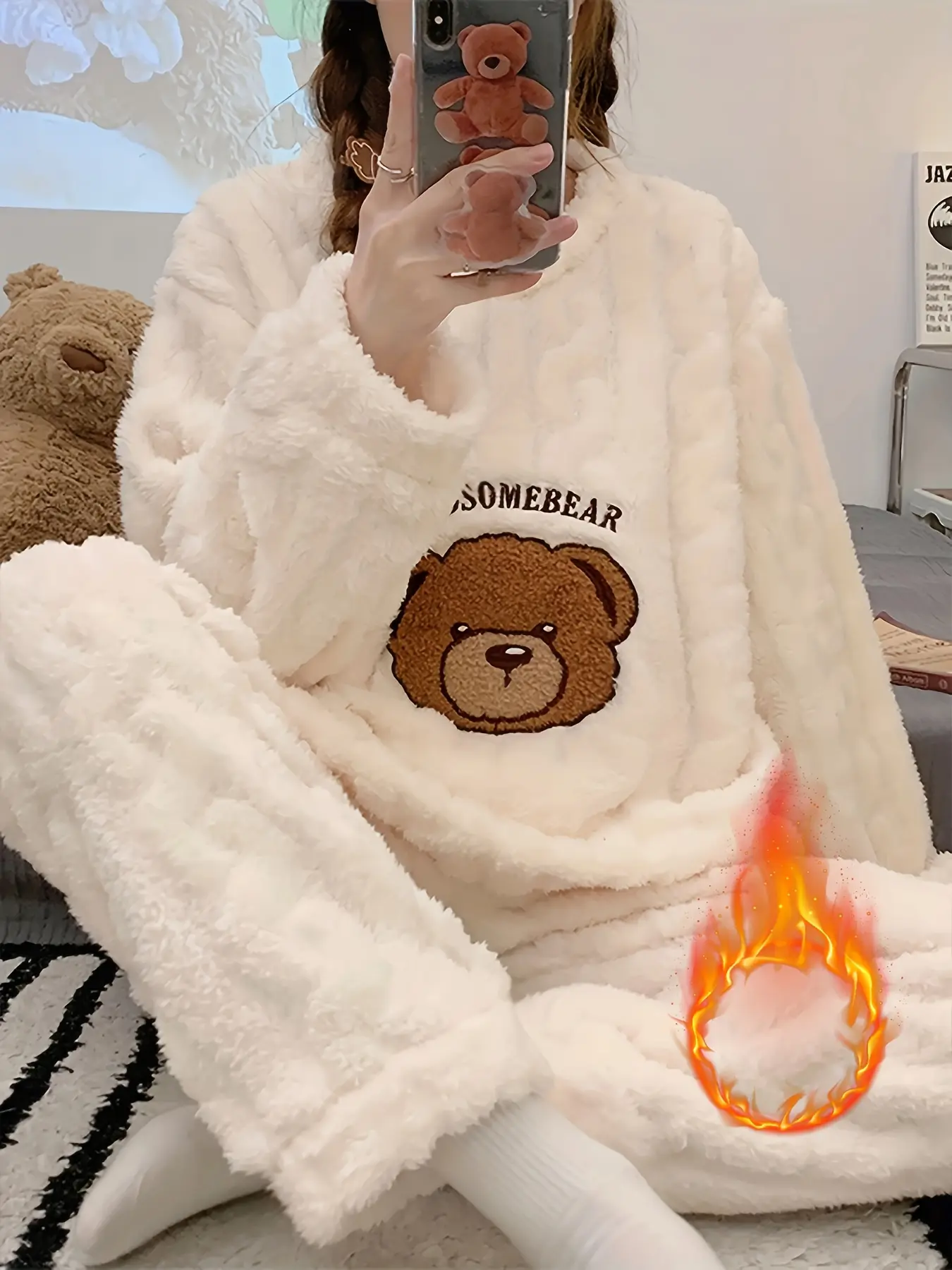 2-Piece Women's Warm Long Sleeve Sleepwear Set, Cute Embroidered Teddy Bear Design, Fluffy Loose Casual Home Wear for Comfort, Pajama Set Loungewear Homewear, Casual Style Nightwear Loungewear Set