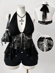 Sunspun Plus Size Women's Spaghetti Strap Irregular A-Line Lace Hollow See-Through Spider Decor Punk Retro Casual Street Camisole Top