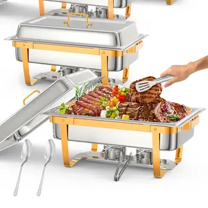 【GARVEE】Gold Stainless Steel Chafing Dish Buffet Sets with 8QT Capacity, Available in 2, 4, and 6 Pack Options, Includes Foldable Food Warmer Frames, Lids, Fuel Cans, Spoon & Tweezer for Weddings, Catering, and Parties