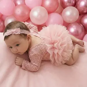 Newborn Photography Props Newborn Lace Romper Set with Floral Accent Detail and Matching Headband – Infant Baby Girl Outfit for Photoshoot Baby Clothing Gift Sets