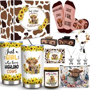 Highland Cow Gifts Set for Women, Highland Cow Themed Stuff Set with 20 Oz Tumbler Makeup Bag Candle Socks Hair Claw Clips  Earrings Necklace for Highland Cow Lover Birthday Christmas Gifts