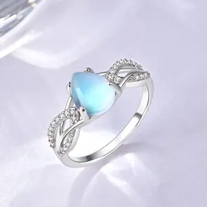 S925 Mother's Day Sterling Silver Water-drop Synthetic Moonstone Ring for Women, New Begining Moon Ring, Cubic Zirconia Accent, Elegant Jewelry Accessory Gift with Box