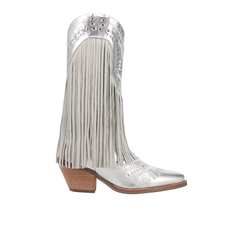 Dingo Womens Gypsy Embroidered Studded Fringe Metallic Snip Toe  Casual Boots Mid Calf Low Heel 1-2" - Silver