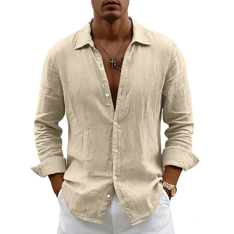 Summer washable crinkled linen men’s shirt with a classic small lapel, full button front, white round buttons, loose drop-shoulder fit, rollable cuffs—ideal for beach, commuting, and light business wear.