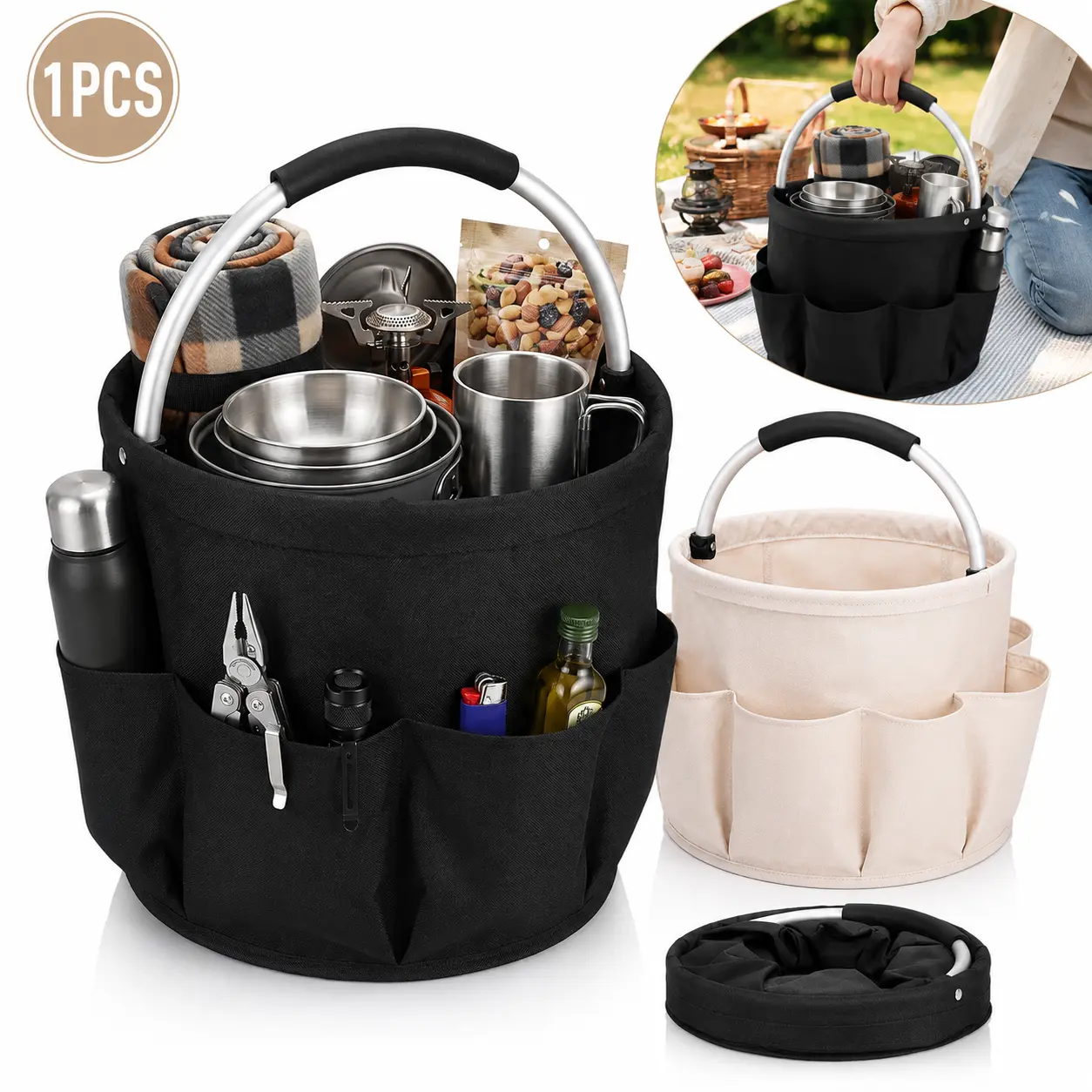 Foldable Picnic Storage Basket with Carry Handle - Collapsible Portable Home Organizer for Outdoor Adventures, Beach, Grocery Shopping, Car & Home Organization, Compact & Convenient