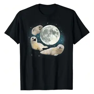 Three Cute Baby Seals Moon | 3 Seal Funny Weird Cursed Meme T-Shirt Women Unisex Men S Cotton Short Sleeve T-Shirt, Perfect For Summer Adventures, 100% Soft Fabric, Ideal For Sports, Work, And Relaxation