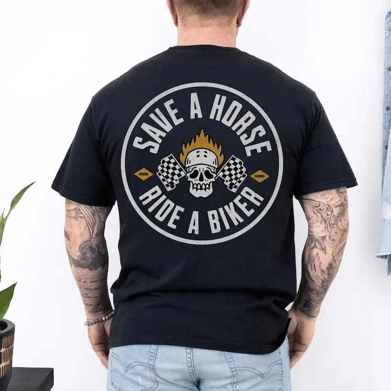 Save A Horse Ride A Biker Graphic Tee T-Shirt for Women, biker shirt, motorcycle shirt, bike week shirt, Perfect for Casual Wear or Special Occasions Summer Streetwear