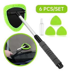 6 Piece Set Windshield Cleaning Tool, Microfiber Car Window Cleaner with 4 Reusable and Washable Microfiber Pads and Extendable Handle, Car Cleaning Supplies, Car Detailing Accessories, Car Cleaning Kit